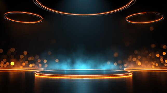 Futuristic Stage with Neon Lights and Smoke, Ideal for Product Presentation and Digital Showcase