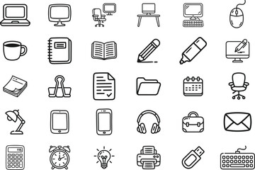A clean office and workstation doodle icon set featuring 30 hand-drawn elements including laptops, monitors, desk chairs, stationery, notebooks, pens, sticky notes, calendars, folders, lamps, gadgets