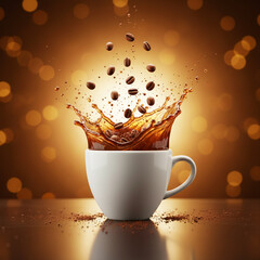 Coffee Beans Splashing into White Ceramic Cup High-Speed Photography Fresh Roasted Coffee