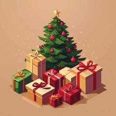 Obraz premium Christmas tree with colorful gifts and decorations on beige background 