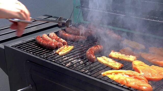 Man grilling meat on an outdoor barbecue. Leisure time with friends