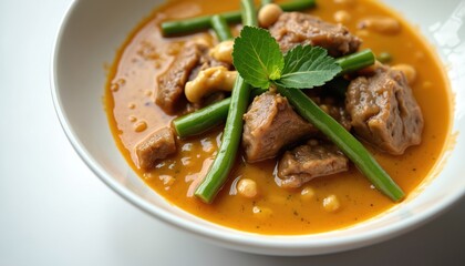 Tender beef chunks in rich creamy savory sauce with green beans and chickpeas. Hearty portion served in white bowl. Comfort food meal, aromatic, flavorful, warm, dinner, lunch, home cooking.