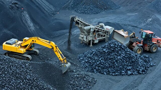 Industrial mining equipment operating at quarry. Front-end loader dumps aggregate into crushing plant as excavator manages material piles. Camera pans diagonally and tilts.