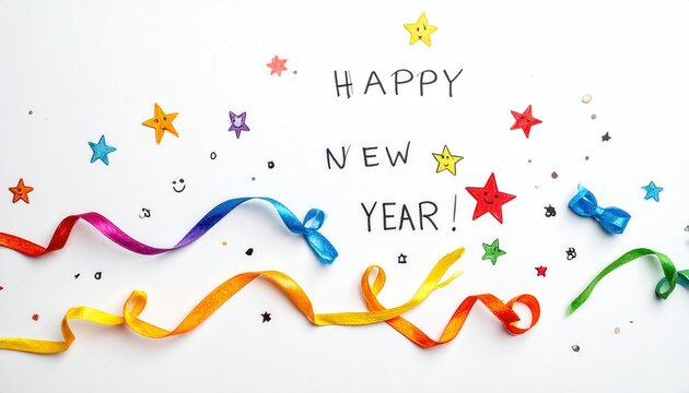 A childish New Year's card on a clean white background: a large inscription &ldquo;HAPPY NEW YEAR!&rdquo; in uneven childish handwriting, scattered around her are multi-colored paper