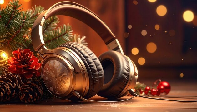 Cozy New Year's scene: large premium headphones in warm golden brown tones lie on a wooden table among festive details - real spruce branches with soft needles, red pine cones, shiny balls - Powered by Adobe