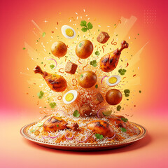 Vibrant Biryani Explosion Concept with Floating Ingredients – Creative Food Art
