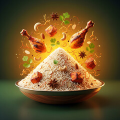 Vibrant Biryani Explosion Concept with Floating Ingredients – Creative Food Art