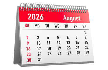 August 2026 desk calendar page with red header. Sunday-first layout and red weekend dates, 3D rendering