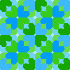 Abstract symmetrical seamless pattern featuring colored hearts and shapes. Vibrant, colorful background, making it ideal for textiles, wrapping paper, banners, love-themed graphics, and romantic decor