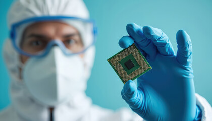 Person in protective suit holds computer microchip. Scientist examines silicon component in lab. Tech research, development, science, innovation.