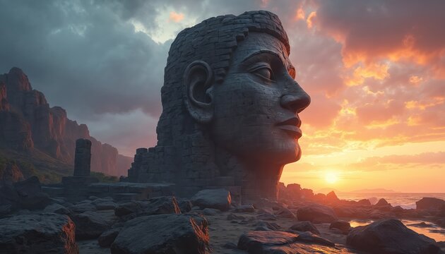Giant stone head sculpture on rocky shore at sunset. Ancient ruins and vivid clouds form mysterious landscape. Sun sets over calm sea horizon.