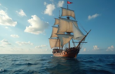Old sailing caravel ship with full sails moves on wavy blue sea under bright cloudy sky. Maritime travel, historical voyage and ocean exploration.