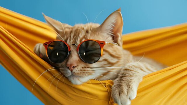 Cool cat with sunglasses relaxing in yellow hammock against blue sky