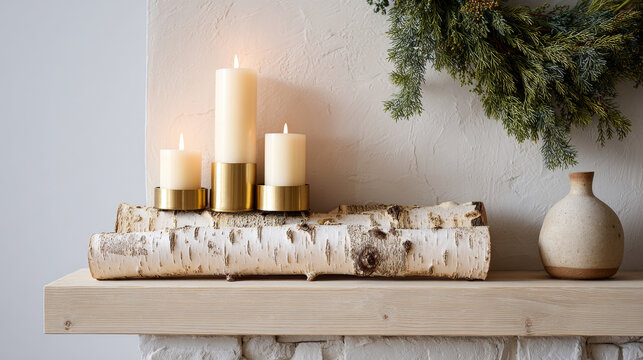 Minimalist holiday decoration with lit candles on birch log and evergreen branches on wooden mantel against textured wall