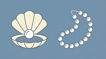 Vector illustration of an open oyster shell with a pearl and a string of pearls necklace.