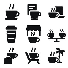 Fototapeta premium Coffee icons collection featuring cups, laptops, books, and relaxation themes
