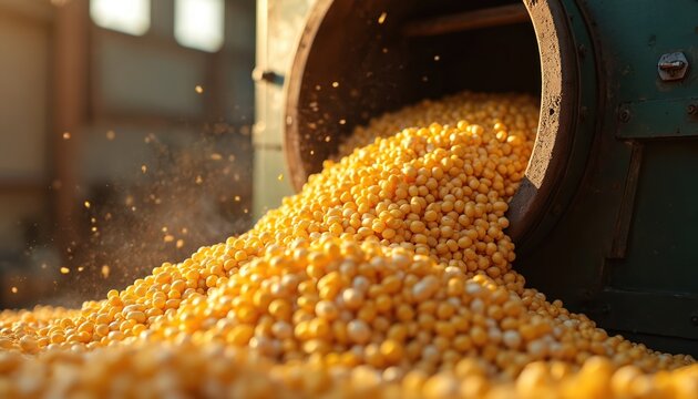 Industrial machine releases flow of golden corn kernels. Grain processing at factory shows agricultural production. Farming concept features harvest crop business and automated machinery.