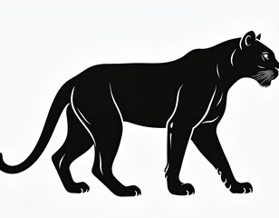 Naklejka premium Black panther silhouette walks gracefully across white background. Muscular wildcat shows elegant stance with powerful build. This powerful predator represents strength, wild nature in graphic form.
