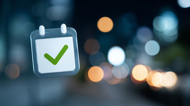A green check mark on a calendar icon indicates that something has been completed successfully, with bokeh lights in the background suggesting an urban setting at night time