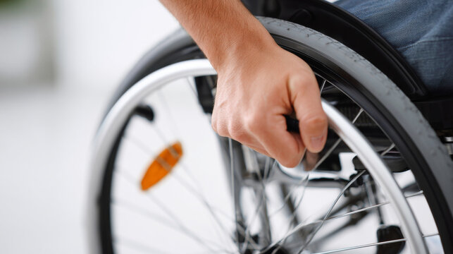 A person's hand on a wheelchair wheel, with an orange reflector visible in the background - Powered by Adobe