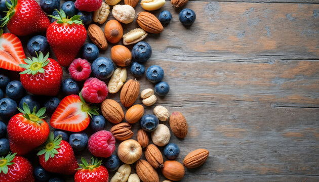 Assorted nuts and berries like strawberries blueberries raspberries and almonds walnuts hazelnuts scatter across aged wood surface creating healthy heart diet food backdrop. Natural ingredients.