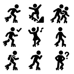 Silhouette icons of people roller skating in various dynamic poses