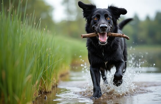 Black dog runs through water carrying stick in mouth. Dog plays fetch near green reeds at lakes edge. Happy pet enjoys summer day outdoors, splashing water. - Powered by Adobe