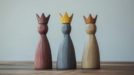 Three wooden figurines representing the Three Kings, each wearing a crown. The scene reflects Spanish holiday traditions related to Roscon pie.