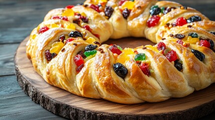 A traditional Roscon de Reyes pie, decorated with colorful fruits, placed on a wooden board. This dessert is popular during the Three Kings holiday in Spain.