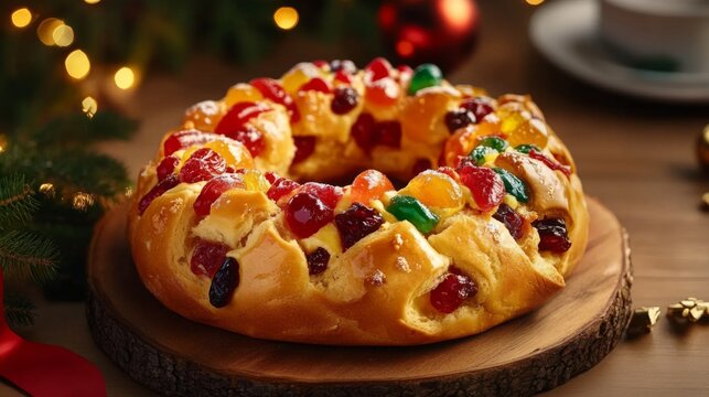 A traditional Roscon de Reyes pie, decorated with colorful fruits, sits on a wooden board. The festive atmosphere includes Christmas lights in the background.