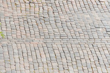 Close-up view of a dark, rectangular cobblestone street in an old European city, illuminated by soft overhead light during midday or late afternoon
