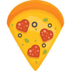 Slice of Pepperoni Pizza Shaped Like Hearts with Olives and Basil on a Yellow Cheese Background with a Transparent Background and a Golden Orange Crust