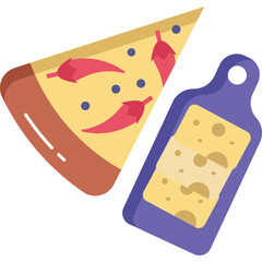 Slice of Pepperoni Pizza with Red Chili Peppers and Blueberries Next to a Purple Cutting Board with Sliced Cheese and Holes Illuminated by Soft Studio Lighting on a White Background