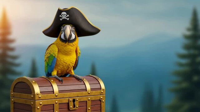 Parrot wearing a pirate hat sitting on a treasure chest in a natural landscape, a playful sea adventure concept for children.