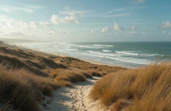 Coastal dune landscape stretches along sandy beach with ocean waves. Golden grass covers dunes leading to blue sea and sky. A path winds through the sand offering a tranquil walk in nature.