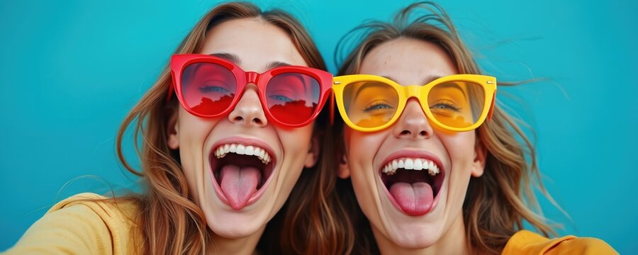 Two young women take funny selfie wearing colorful oversized sunglasses, sticking out tongues with joy. Express pure happiness, friendship against vibrant blue background, ideal for social media - Powered by Adobe