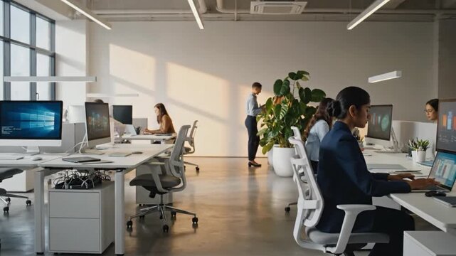 Modern office environment showcasing diverse professionals engaged in work, with technology and plants enhancing productivity