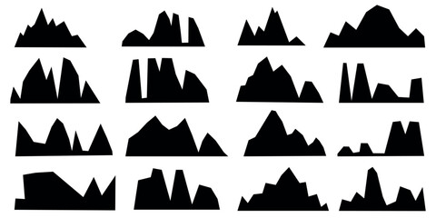 Mountain silhouette vector set with rocky peaks and forest landscapes. Black outline icons for outdoor adventure logos, hiking trail designs, and wilderness exploration graphics