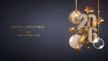 Happy new year 2026. Festive design with Christmas decorations, balls, streamers and garlands
