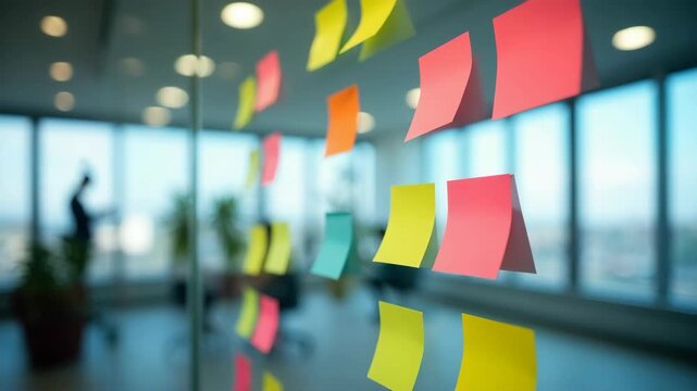 Colorful Sticky Notes Adhered to a Glass Wall in a Modern Office Environment, Representing Brainstorming or Project Management.