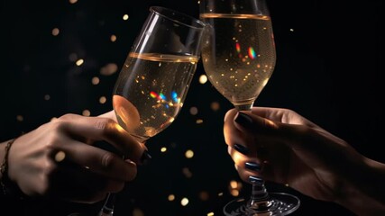 Celebratory champagne toast with sparkling bokeh on black background