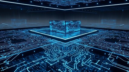 Futuristic Technology Circuit Board Room digital neon abstract cyber network data connection infrastructure artificial intelligence ai