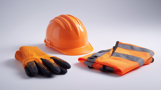 Construction safety equipment including hard hat gloves and reflective vest arranged in professional studio modern technology innovation concept design visualization modern technology innovation con