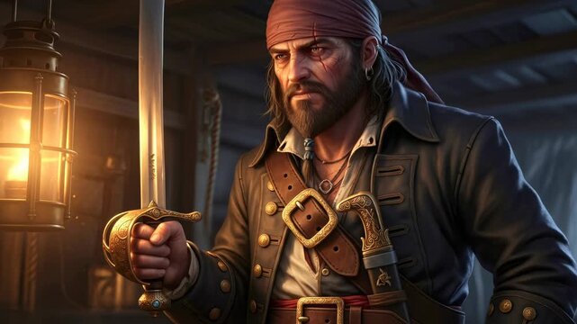 Pirate man drawing a sword in a ships cabin under a hanging lantern, ready for sea adventure
