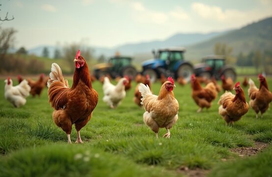 Brown and white chickens roam grassy field near farm tractors. Birds forage on green pasture under cloudy sky. Poultry farm scene shows natural organic farming with fowl.