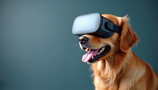 Golden retriever dog wears VR headset on head. Animal uses virtual reality device. Pet looks happy with open mouth and long tongue. Copy space available to add text.