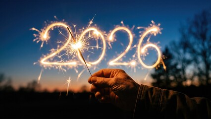 Hand Holding Sparkler Writing 2026 Against Twilight Sky