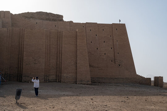 Nasiriyah, Iraq - November 20, 2025: Low-Angle View of the Great Ziggurat of Ur's Central Staircase and Terraced Str