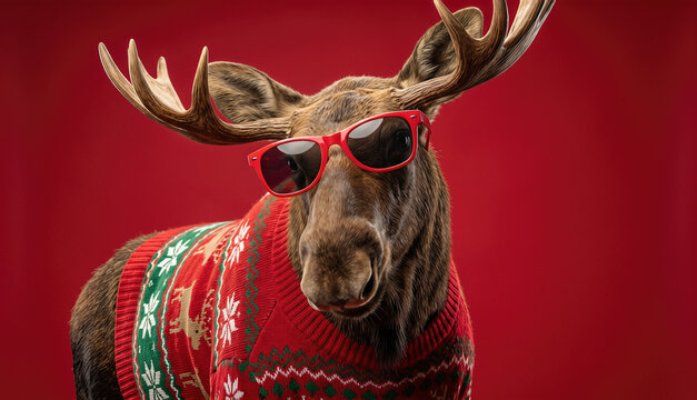 Moose Wearing Red Christmas Sweater Red Background Studio Portrait