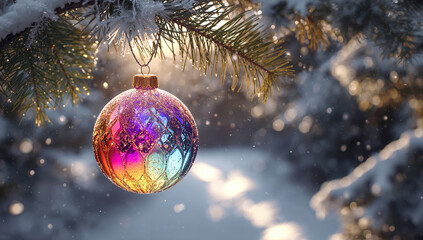 Christmas ball on snowy pine tree in forest.